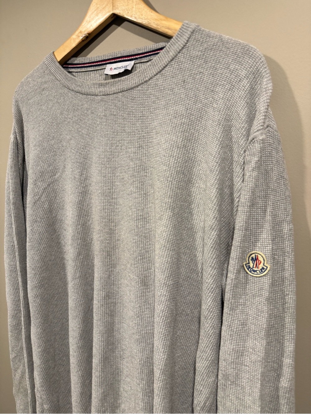 Moncler Men’s Gray vintage y2k Crewneck waffle knit w/ Sleeve Patch (oil stain)